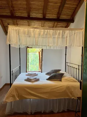 a bedroom with a bed with a canopy and a window at Stone built country house in Louvaras Village in Louvaras