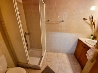 a bathroom with a shower and a toilet and a sink at Dock Holiday Apartment in Larnaka