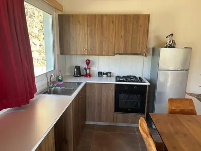 a small kitchen with a sink and a refrigerator at Sofros To Apomero in Ayios Pavlos