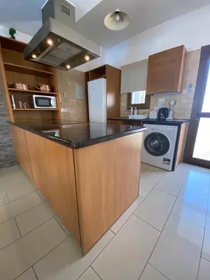 a kitchen with a counter with a refrigerator and a stove at Villa Angel - Exotic Villa 200m From Beach in Paralimni