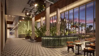 a rendering of a restaurant with tables and chairs at The Nines in Ayia Napa