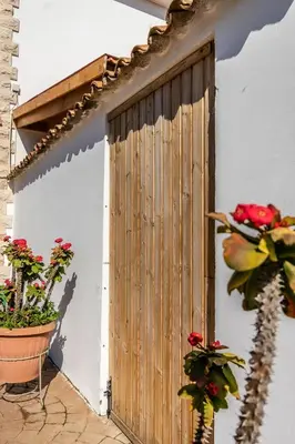 a wooden door on the side of a building with flowers at Reel Paradise Villa, Cyprus in Larnaka