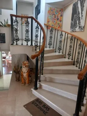 a dog sitting under the stairs in a house at Vasilis house in Mor Menekshe