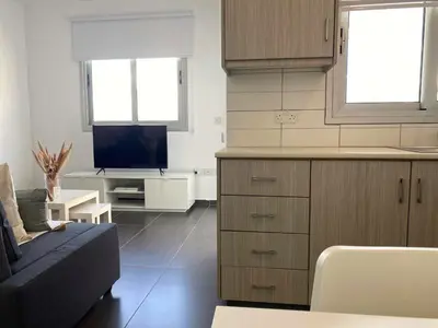 a living room with a couch and a tv at Phaedrus Living: City Center Cozy Flat Demetra 102 in Larnaka