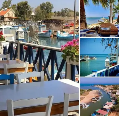 a collage of pictures of a marina with a table and chairs at Liopetri 2-Bed Apt Sleeps 6 Pool 10min to Beach in Liopetri