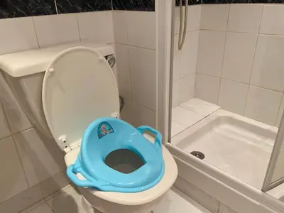 a small bathroom with a toilet with a blue seat at TaniAndres apartments in Paralimni