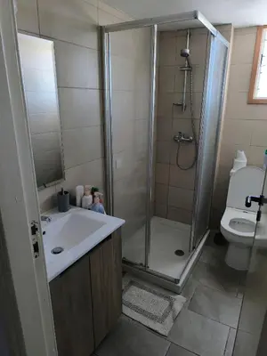 a bathroom with a shower and a sink and a toilet at Joanna Court rooms in Larnaka