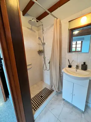 a bathroom with a shower and a sink at GaliniCafe22-suites in Kakopetria