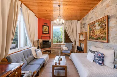 a living room with a couch and a fireplace at House Eufrosyne in Moutoullas