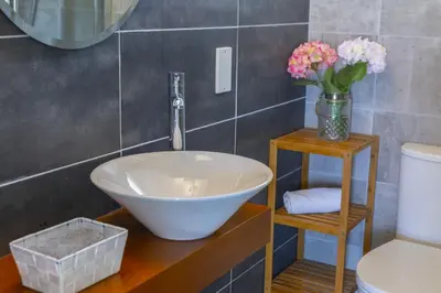 a bathroom with a sink and a toilet and a vase of flowers at Melis Villa - Charming villa in Central Protaras in Protaras