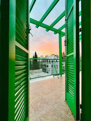 a view from the outside of a building with a green door at City center appartments in Nicosia