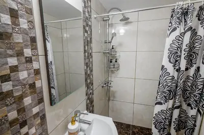 a bathroom with a shower with a toilet and a sink at Omodos vintage houses in Omodos