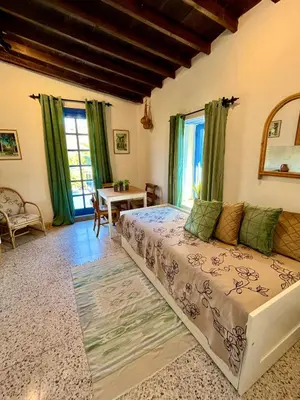 a bedroom with a bed and a table and windows at Cottage Apartment Othellos in Kalavasos