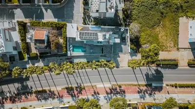 an overhead view of a building with a street at Tsolias Apartments in Protaras