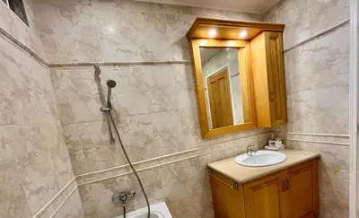 a bathroom with a sink and a mirror and a shower at Dream Beachfront Bungalow in Limassol