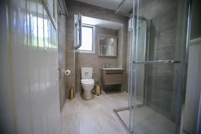 a bathroom with a shower and a toilet and a sink at Legacy 1930s in Prodromos