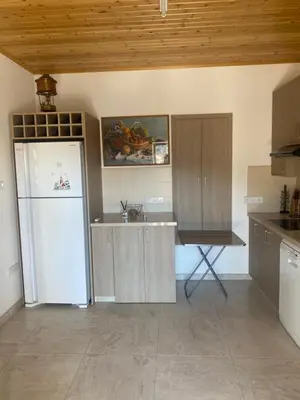 a kitchen with a refrigerator and a table in it at TheonikosHouse in Agros