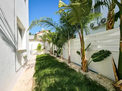a yard with palm trees next to a white wall at Nissi beach villa Magnolia in Ayia Napa