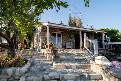 a stone house with a dog sitting on the porch at Rozana House in Silikou