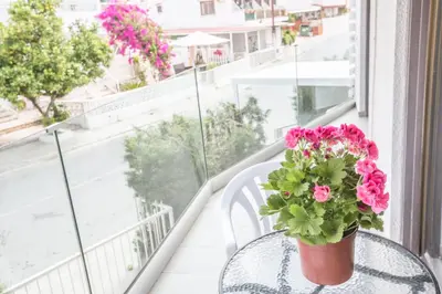 a vase of pink flowers sitting on a table on a balcony at Ayia Napa Holiday Apartment So9 in Ayia Napa