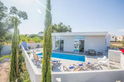 a villa with a swimming pool and palm trees at Villa Polymnia Protaras 1 in Protaras