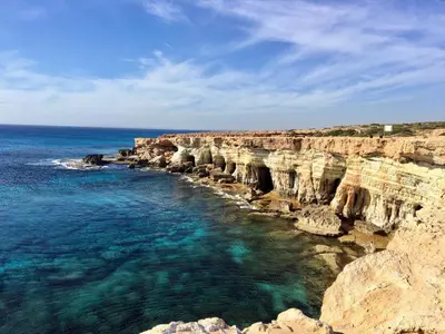 an aerial view of the ocean and cliffs at Andros Apt 2 Bed, Free Wi-fi, Safe, Complex Pool in Paralimni
