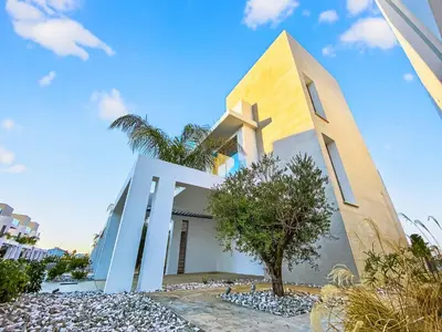 a house with a palm tree in front of it at Azure Villas by Marc in Protaras