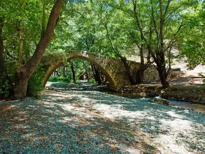 an old stone bridge over a river with trees at Angels Traditional House in Arminou