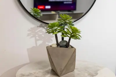 a vase with a plant in front of a mirror at Palm Beach Apartment by TrulyCyprus in Limassol