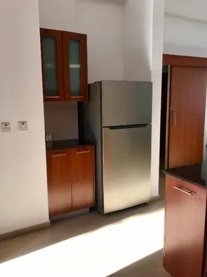 a kitchen with a stainless steel refrigerator and wooden cabinets at Villa Poseidon in Pervolia