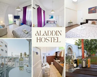 a collage of photos of a bedroom and a hotel at Aladdin's Hostel in Larnaka